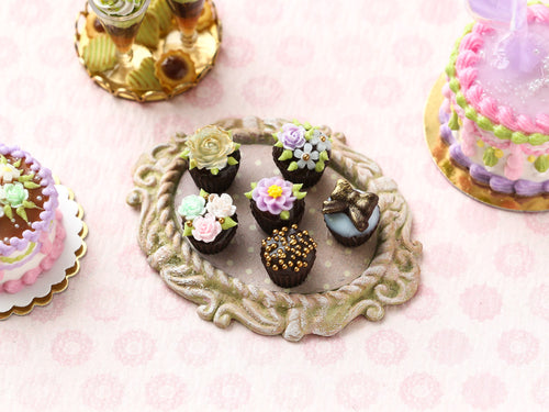 Six Beautifully Decorated Chocolate Cupcakes - Handmade Miniature Dollhouse Food