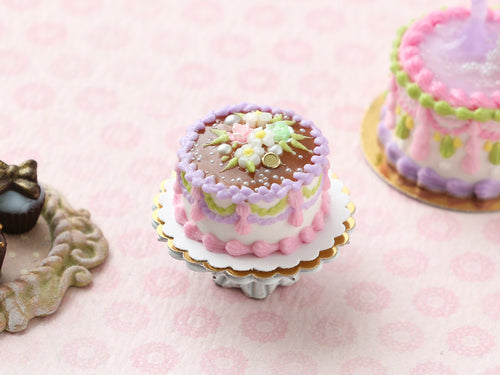 Pink, Lilac and Chocolate Floral Cake - Handmade Miniature Dollhouse Food