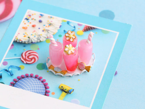 Pink Fruit Drinks with Bonbon Cookies - Handmade Miniature Food in 12th Scale