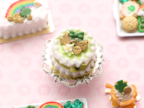 St Patrick's Cake - Golden Shamrock, Emerald Bow - Handmade Miniature Food