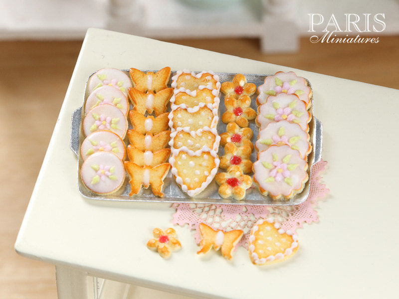 Iced Butter Cookies on Metal Baking Sheet Five Varieties Miniature
