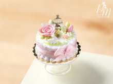 Load image into Gallery viewer, Beautiful Light Pink Easter Cake with Rose, Eggs, Rabbit, Golden Birdcage - Miniature Food