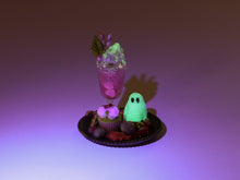 Load image into Gallery viewer, Pink Halloween Treat Tray Miniature with Bubbling Potion Drink, Glowing Ghost, Cupcake &amp; Spider – 1:12 Dollhouse OOAK Handmade Polymer Clay Decor