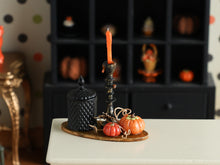 Load image into Gallery viewer, Autumn Candlestick Display with Pumpkins and Candy Jar - 12th scale handmade miniature for dollhouses