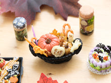 Load image into Gallery viewer, Halloween Treat Basket with Ghosts and Pumpkins – Halloween Miniature Food – OOAK 1:12 Scale