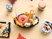 Load image into Gallery viewer, Halloween Treat Basket with Ghosts and Pumpkins – Halloween Miniature Food – OOAK 1:12 Scale