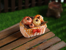 Load image into Gallery viewer, Autumn Basket of Pumpkins and Autumn Leaves - Handmade Dollhouse Miniature