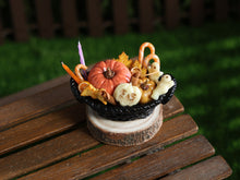 Load image into Gallery viewer, Halloween Treat Basket with Ghosts and Pumpkins – Halloween Miniature Food – OOAK 1:12 Scale