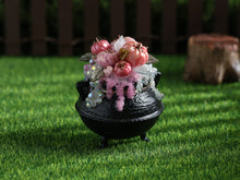 Load image into Gallery viewer, Pink Halloween Cauldron Miniature with Candy Corn, Ghost &amp; Pink Candles – 1:12 Dollhouse OOAK Handmade Polymer Clay Decor