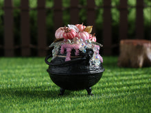 Load image into Gallery viewer, Pink Halloween Cauldron Miniature with Candy Corn, Ghost &amp; Pink Candles – 1:12 Dollhouse OOAK Handmade Polymer Clay Decor