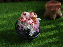 Load image into Gallery viewer, Pink Halloween Cauldron Miniature with Candy Corn, Ghost &amp; Pink Candles – 1:12 Dollhouse OOAK Handmade Polymer Clay Decor