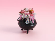 Load image into Gallery viewer, Pink Halloween Cauldron Miniature with Candy Corn, Ghost &amp; Pink Candles – 1:12 Dollhouse OOAK Handmade Polymer Clay Decor