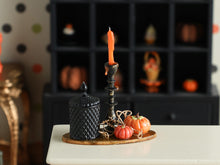 Load image into Gallery viewer, Autumn Candlestick Display with Pumpkins and Candy Jar - 12th scale handmade miniature for dollhouses