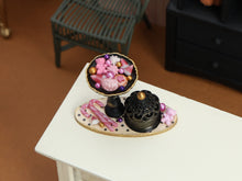 Load image into Gallery viewer, Pink Halloween Candy Display Miniature – Gothic Pedestal Dish, Candy Canes &amp; Bonbonnière Box – 1:12 Dollhouse OOAK Handmade Polymer Clay Decor