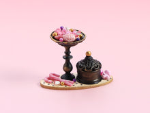 Load image into Gallery viewer, Pink Halloween Candy Display Miniature – Gothic Pedestal Dish, Candy Canes &amp; Bonbonnière Box – 1:12 Dollhouse OOAK Handmade Polymer Clay Decor
