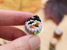 Load image into Gallery viewer, Halloween Charlotte Cake with Bats and Pumpkins – Halloween Miniature Food – OOAK 1:12 Scale