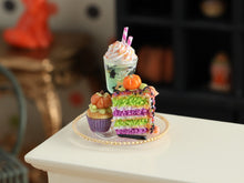 Load image into Gallery viewer, Halloween Dessert Plate Miniature - 1:12 Scale Layer Cake &amp; Drink Set