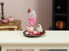 Load image into Gallery viewer, Pink Halloween Treat Tray Miniature with Bubbling Potion Drink, Glowing Ghost, Cupcake &amp; Spider – 1:12 Dollhouse OOAK Handmade Polymer Clay Decor