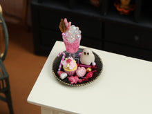 Load image into Gallery viewer, Pink Halloween Treat Tray Miniature with Bubbling Potion Drink, Glowing Ghost, Cupcake &amp; Spider – 1:12 Dollhouse OOAK Handmade Polymer Clay Decor