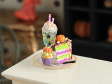 Load image into Gallery viewer, Halloween Dessert Plate Miniature - 1:12 Scale Layer Cake &amp; Drink Set