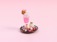 Load image into Gallery viewer, Pink Halloween Treat Tray Miniature with Bubbling Potion Drink, Glowing Ghost, Cupcake &amp; Spider – 1:12 Dollhouse OOAK Handmade Polymer Clay Decor