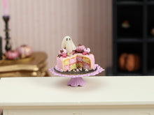Load image into Gallery viewer, Pink Halloween Battenberg Cake Miniature – Checkered Sponge with Glowing Ghost &amp; Pink Pumpkins – 1:12 Dollhouse OOAK Handmade Food