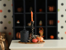Load image into Gallery viewer, Autumn Candlestick Display with Pumpkins and Candy Jar - 12th scale handmade miniature for dollhouses