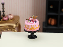 Load image into Gallery viewer, Pink Halloween Drip Cake Miniature with Tiny Caramel Squirrel, Pink Pumpkins &amp; Blackberries on Black Stand – 1:12 Dollhouse Handmade Food