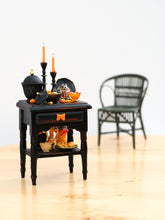 Load image into Gallery viewer, Halloween Gothic Side Table with Candy Bowl and Candlesticks – Customised Miniature Decor – OOAK 1:12 Scale