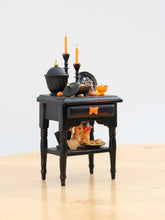 Load image into Gallery viewer, Halloween Gothic Side Table with Candy Bowl and Candlesticks – Customised Miniature Decor – OOAK 1:12 Scale