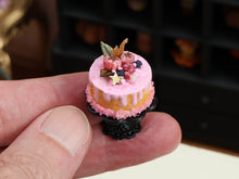 Load image into Gallery viewer, Pink Halloween Drip Cake Miniature with Tiny Caramel Squirrel, Pink Pumpkins &amp; Blackberries on Black Stand – 1:12 Dollhouse Handmade Food
