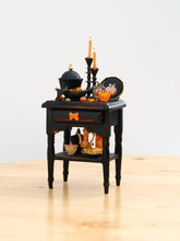 Load image into Gallery viewer, Halloween Gothic Side Table with Candy Bowl and Candlesticks – Customised Miniature Decor – OOAK 1:12 Scale
