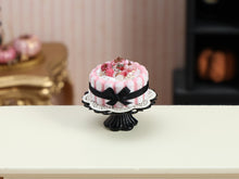 Load image into Gallery viewer, Pink Halloween Charlotte Cake Miniature with Black Ribbon Bow, Pumpkins &amp; Gold Stars – 1:12 Dollhouse OOAK Handmade Polymer Clay Food