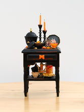 Load image into Gallery viewer, Halloween Gothic Side Table with Candy Bowl and Candlesticks – Customised Miniature Decor – OOAK 1:12 Scale
