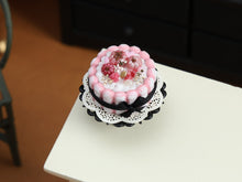Load image into Gallery viewer, Pink Halloween Charlotte Cake Miniature with Black Ribbon Bow, Pumpkins &amp; Gold Stars – 1:12 Dollhouse OOAK Handmade Polymer Clay Food