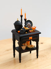 Load image into Gallery viewer, Halloween Gothic Side Table with Candy Bowl and Candlesticks – Customised Miniature Decor – OOAK 1:12 Scale