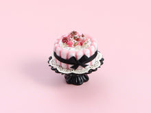Load image into Gallery viewer, Pink Halloween Charlotte Cake Miniature with Black Ribbon Bow, Pumpkins &amp; Gold Stars – 1:12 Dollhouse OOAK Handmade Polymer Clay Food