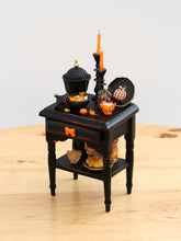 Load image into Gallery viewer, Halloween Gothic Side Table with Candy Bowl and Candlesticks – Customised Miniature Decor – OOAK 1:12 Scale