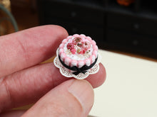Load image into Gallery viewer, Pink Halloween Charlotte Cake Miniature with Black Ribbon Bow, Pumpkins &amp; Gold Stars – 1:12 Dollhouse OOAK Handmade Polymer Clay Food