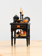 Load image into Gallery viewer, Halloween Gothic Side Table with Candy Bowl and Candlesticks – Customised Miniature Decor – OOAK 1:12 Scale