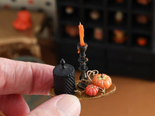 Load image into Gallery viewer, Autumn Candlestick Display with Pumpkins and Candy Jar - 12th scale handmade miniature for dollhouses