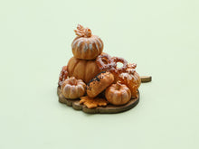 Load image into Gallery viewer, Autumn Bread, Bagels and Bretzels on Pumpkin Shaped Wooden Board - Handmade Miniature Food