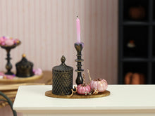 Load image into Gallery viewer, Pink Halloween Candlestick &amp; Lidded Jar Miniature with Pearly Pink Pumpkins – 1:12 Dollhouse OOAK Handmade Polymer Clay Decor