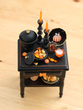 Load image into Gallery viewer, Halloween Gothic Side Table with Candy Bowl and Candlesticks – Customised Miniature Decor – OOAK 1:12 Scale
