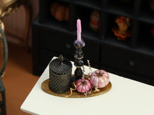 Load image into Gallery viewer, Pink Halloween Candlestick &amp; Lidded Jar Miniature with Pearly Pink Pumpkins – 1:12 Dollhouse OOAK Handmade Polymer Clay Decor