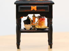 Load image into Gallery viewer, Halloween Gothic Side Table with Candy Bowl and Candlesticks – Customised Miniature Decor – OOAK 1:12 Scale