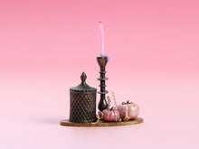 Load image into Gallery viewer, Pink Halloween Candlestick &amp; Lidded Jar Miniature with Pearly Pink Pumpkins – 1:12 Dollhouse OOAK Handmade Polymer Clay Decor