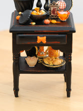 Load image into Gallery viewer, Halloween Gothic Side Table with Candy Bowl and Candlesticks – Customised Miniature Decor – OOAK 1:12 Scale