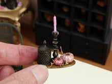 Load image into Gallery viewer, Pink Halloween Candlestick &amp; Lidded Jar Miniature with Pearly Pink Pumpkins – 1:12 Dollhouse OOAK Handmade Polymer Clay Decor