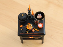 Load image into Gallery viewer, Halloween Gothic Side Table with Candy Bowl and Candlesticks – Customised Miniature Decor – OOAK 1:12 Scale